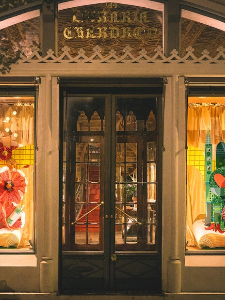Livraria Lello entrance with Christmas decorations in Porto, Portugal.
