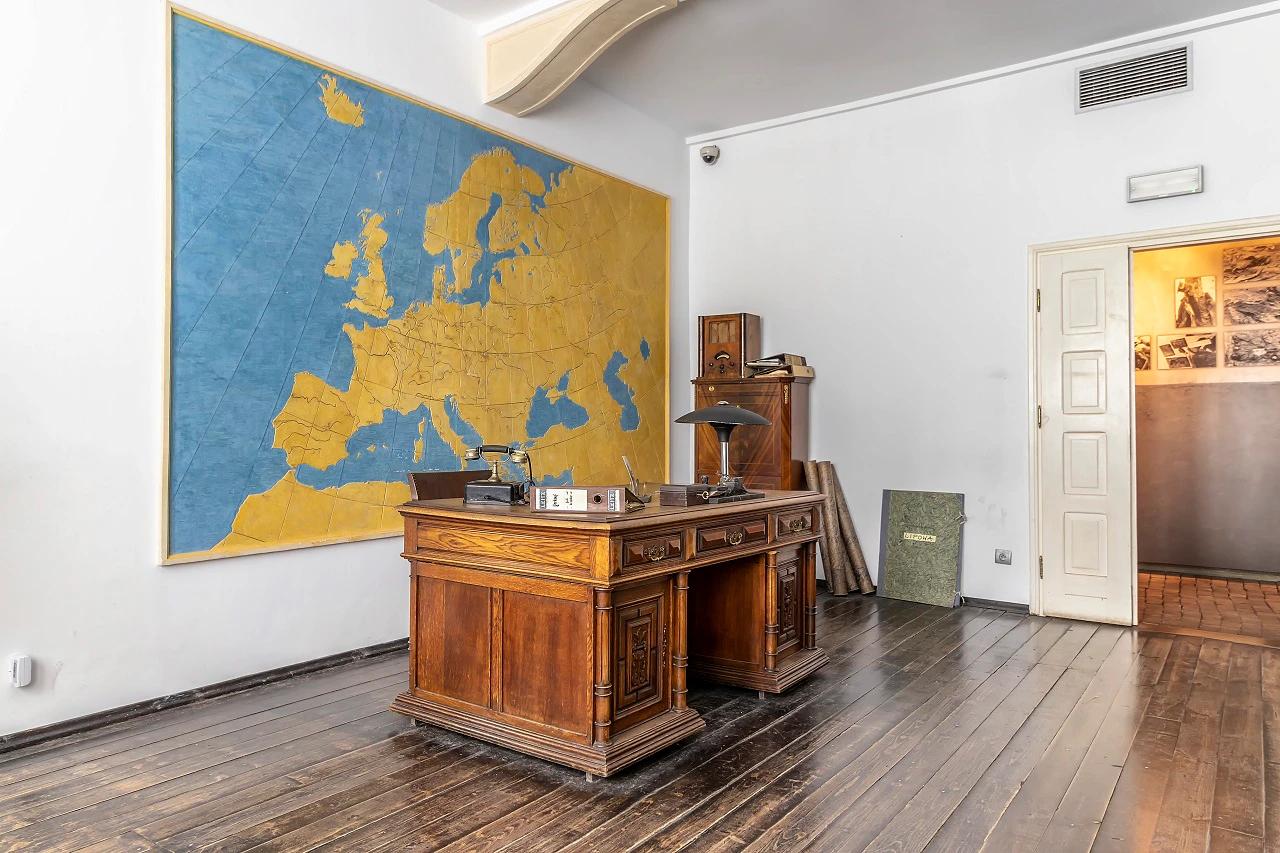 Desk and map inside Oskar Schindler's Factory exhibit in Krakow, Poland.