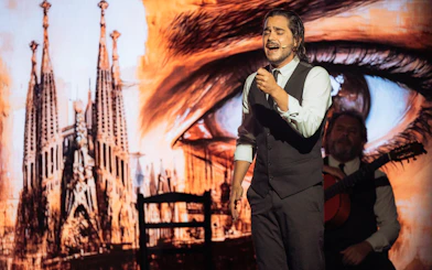 Musician performing at Teatro Flamenco Barcelona with Sagrada Familia backdrop.