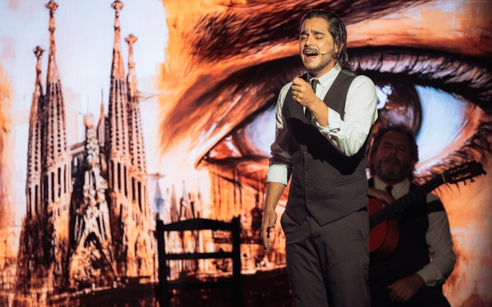 Musician performing at Teatro Flamenco Barcelona with Sagrada Familia backdrop.