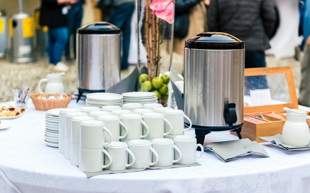 Tea and coffee setup on a table during a 2.5-hour Whale Watching Cruise with Spirit of Gold Coast.