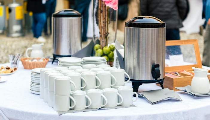 Tea and coffee setup on a table during a 2.5-hour Whale Watching Cruise with Spirit of Gold Coast.