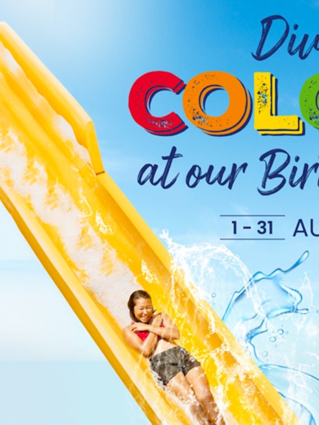 Person sliding down a yellow water slide at Singapore Wild Wild Wet, August 2024 event.