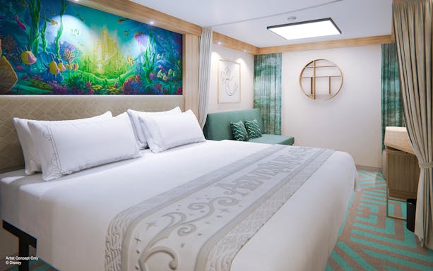 Deluxe Inside Stateroom with ocean-themed decor on Disney Adventure Cruise.