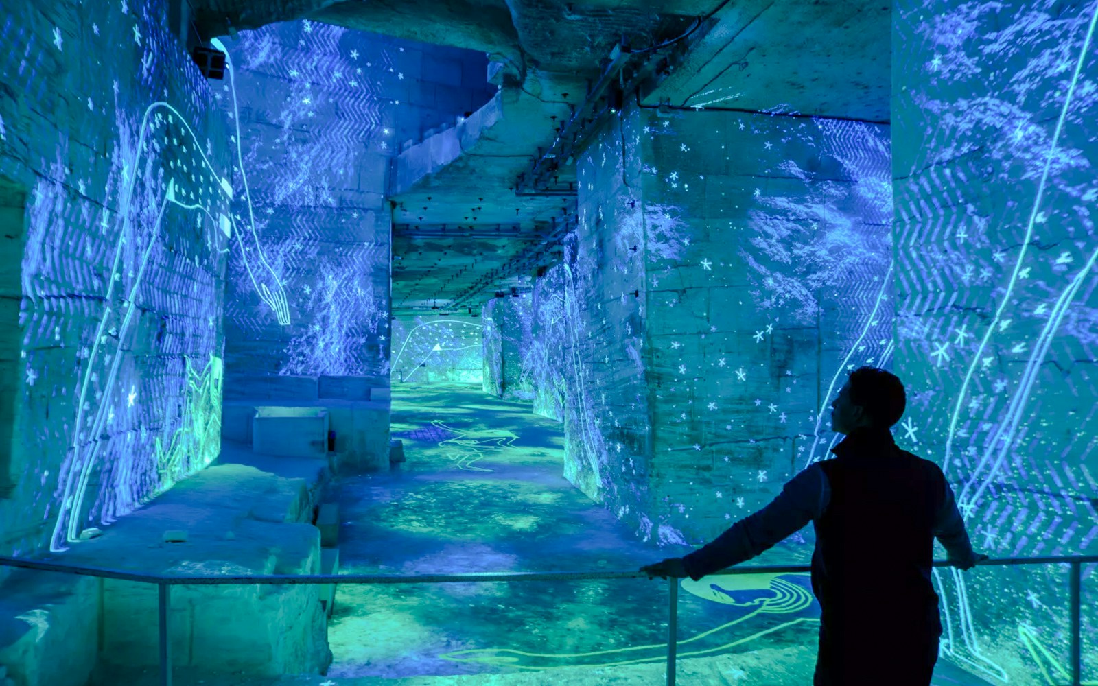 Immersive Monet art display at Carrières des Lumières, featuring vibrant blue projections.