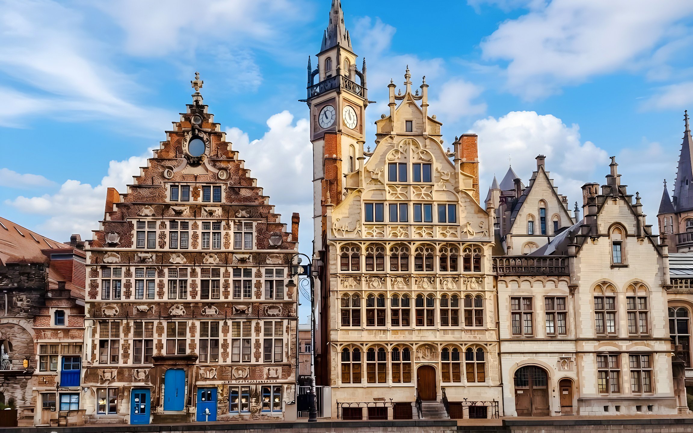 Medieval guild houses along the Graslei harbor in Ghent, Belgium.