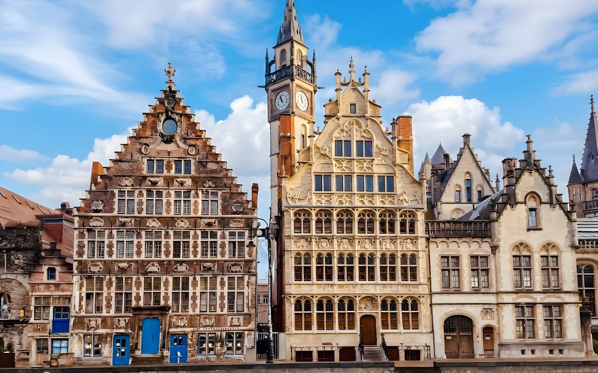 Medieval guild houses along the Graslei harbor in Ghent, Belgium.