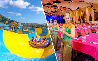 Water park ride at Andamanda Phuket and traditional dancers at Phuket Fantasea dinner show.