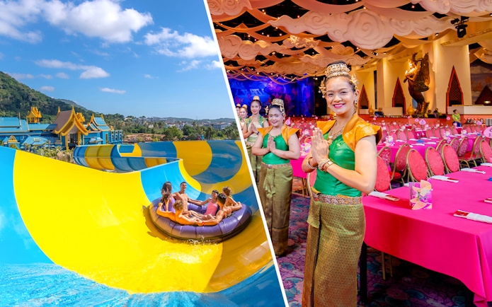 Water park ride at Andamanda Phuket and traditional dancers at Phuket Fantasea dinner show.