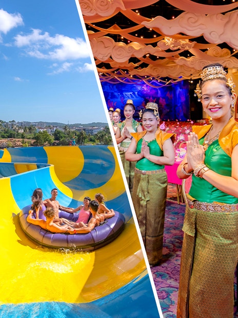 Water park ride at Andamanda Phuket and traditional dancers at Phuket Fantasea dinner show.