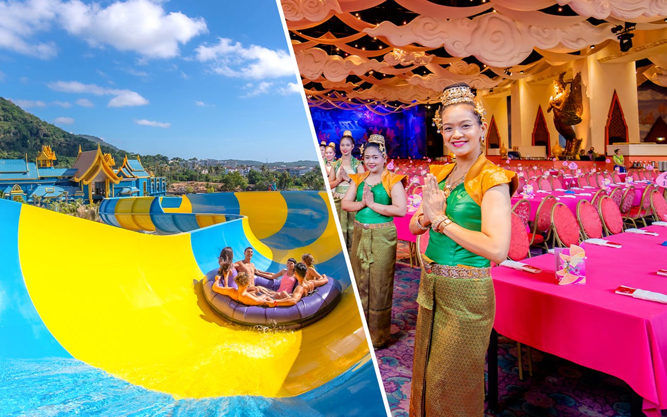 Water park ride at Andamanda Phuket and traditional dancers at Phuket Fantasea dinner show.
