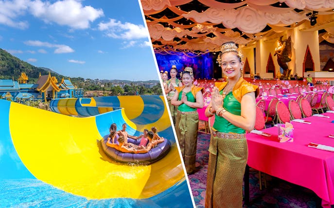 Water park ride at Andamanda Phuket and traditional dancers at Phuket Fantasea dinner show.