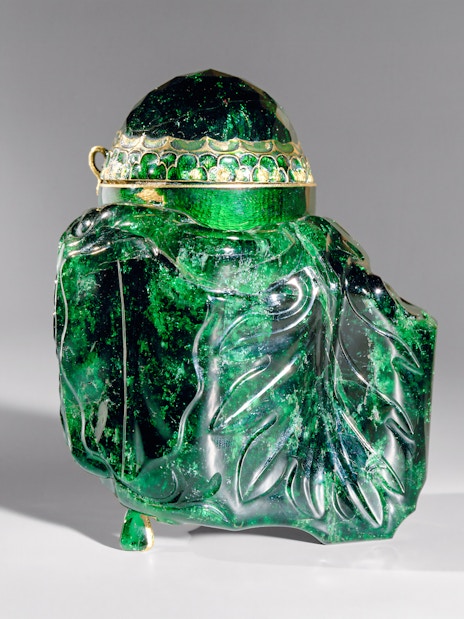 Emerald vessel with intricate carvings at Imperial Treasury Vienna.