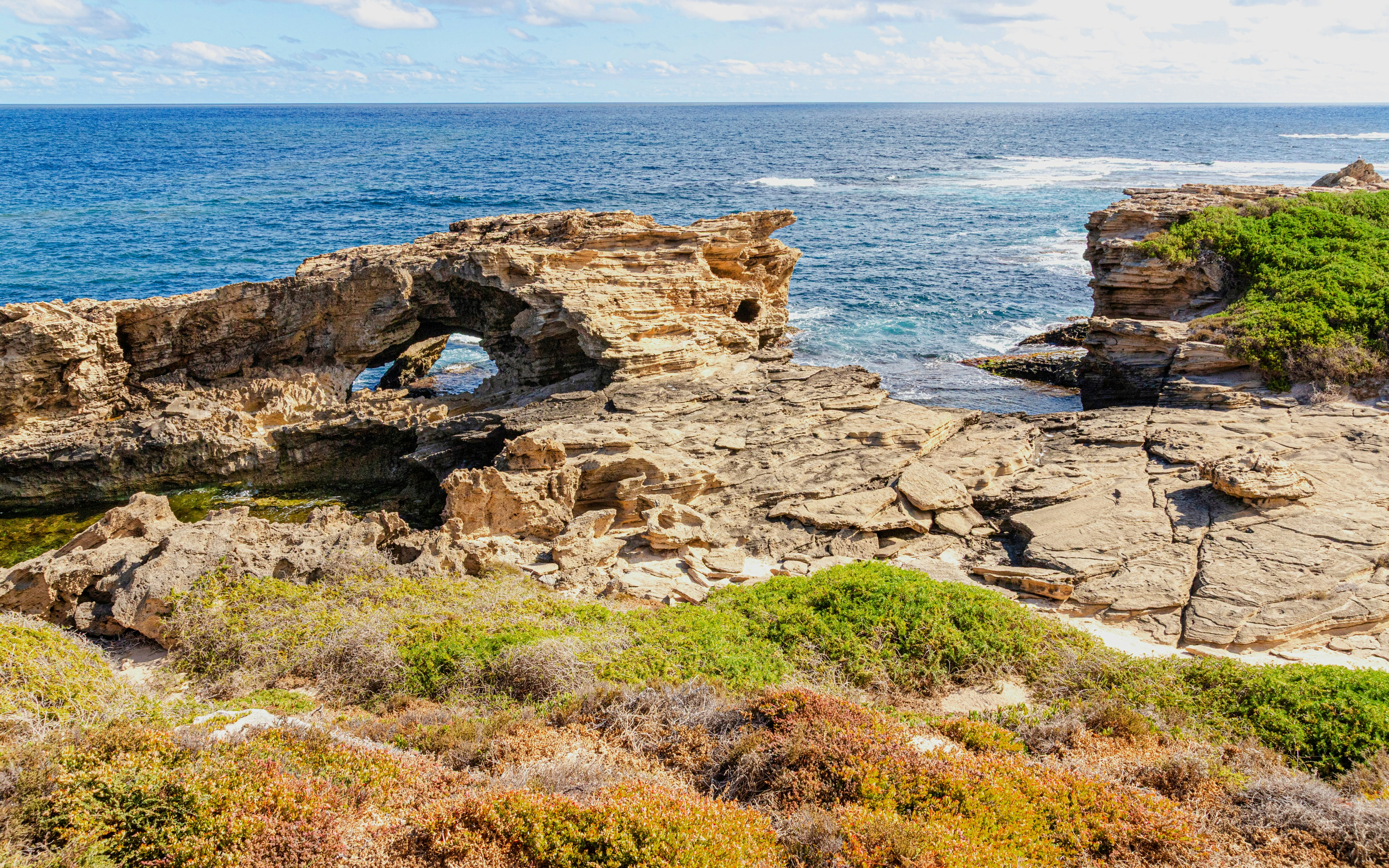 Rock formations and coastal view at Wadjemup, Rottnest Island.