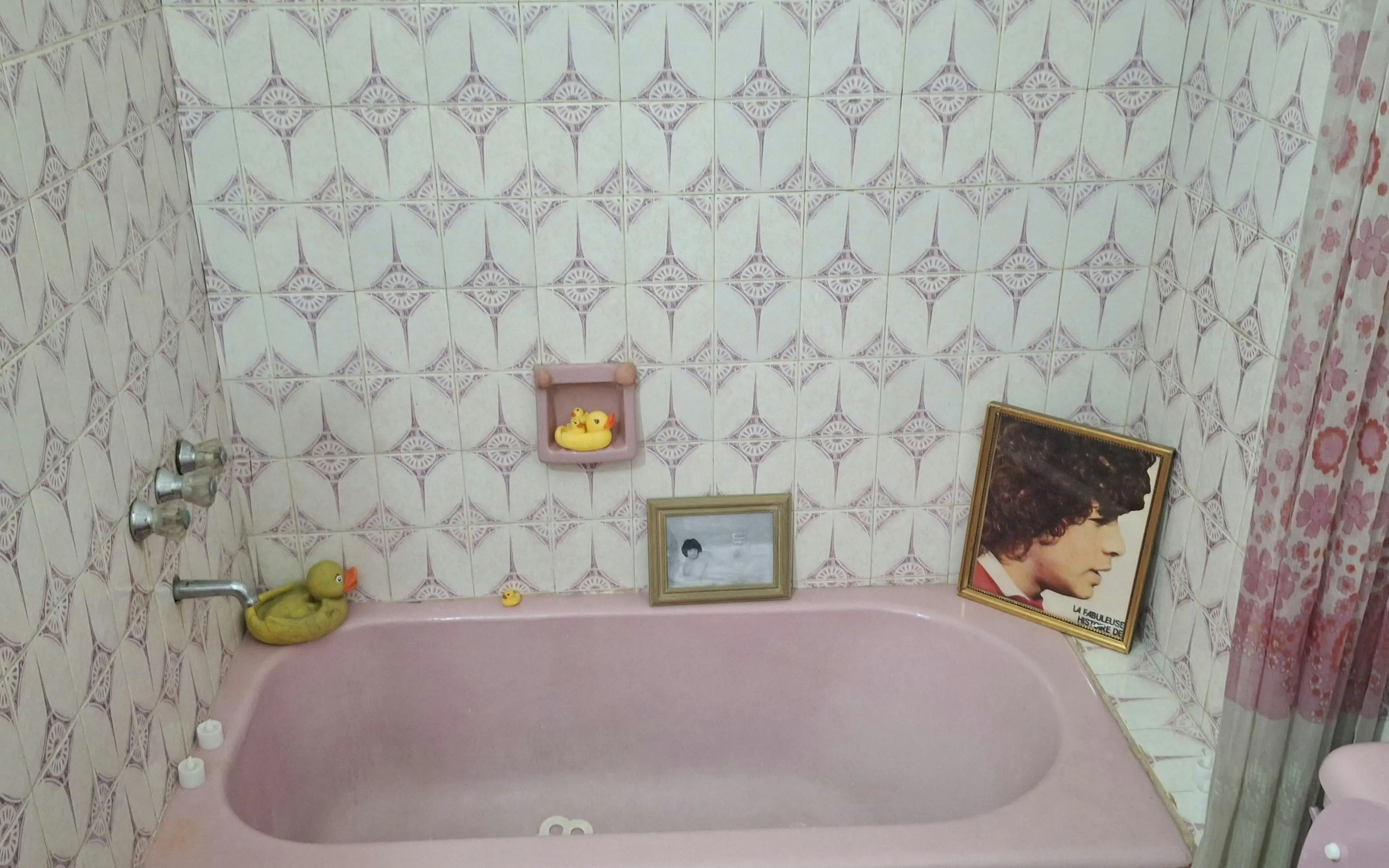 Pink bathtub with rubber ducks and framed photo, part of Maradona Walking Tour in La Paternal, Buenos Aires.