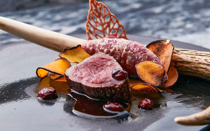 Wagyu beef with garnishes on a plate, part of a special course featuring hot pot dishes.