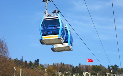 Cable car ascending Pierre Loti hill, Istanbul, with Turkish flag in view.