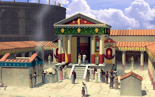 Pompeii temple with people in ancient attire, part of augmented reality tour experience.