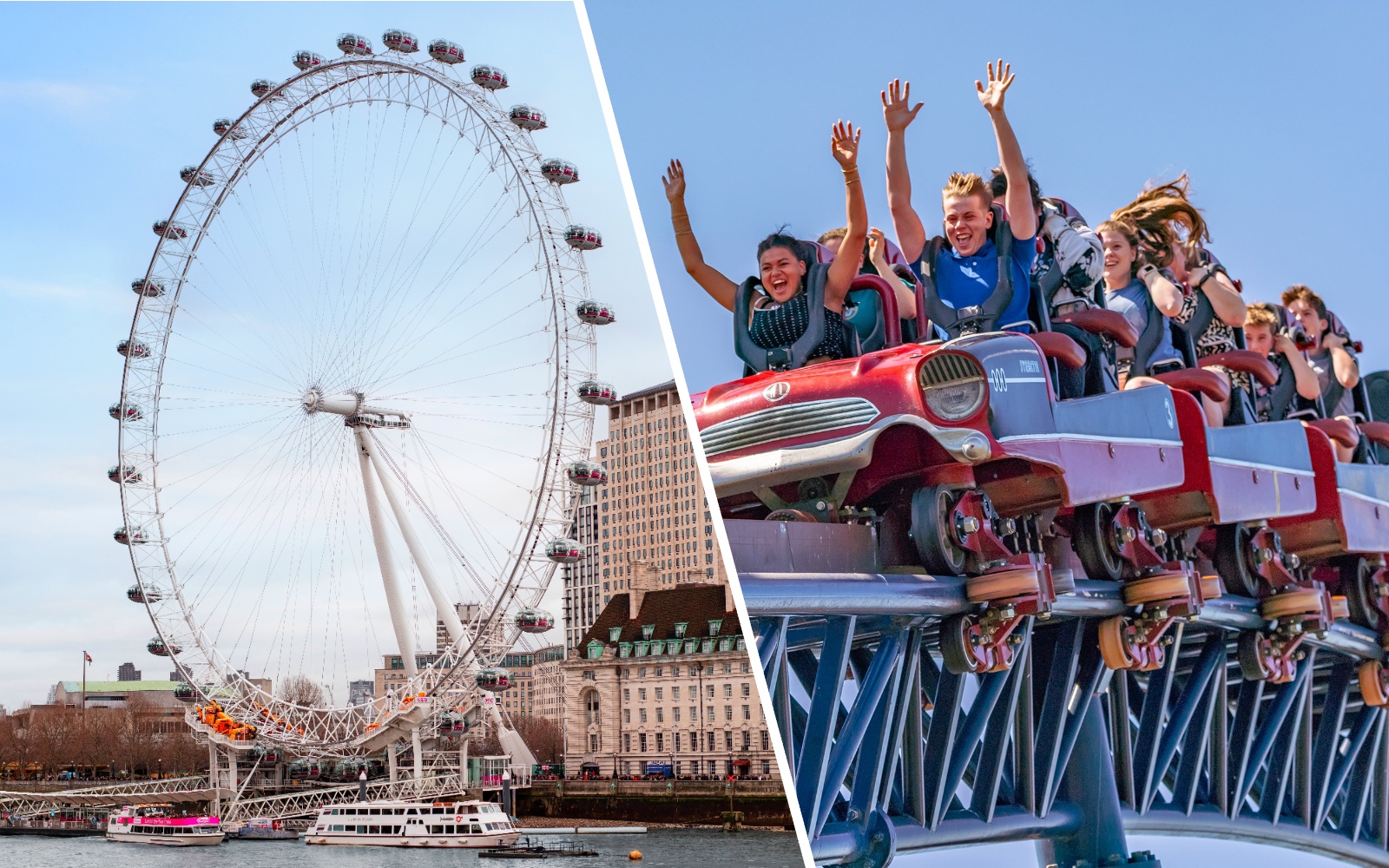 London Eye on the Thames and riders on THE SWARM roller coaster at Thorpe Park Resort.