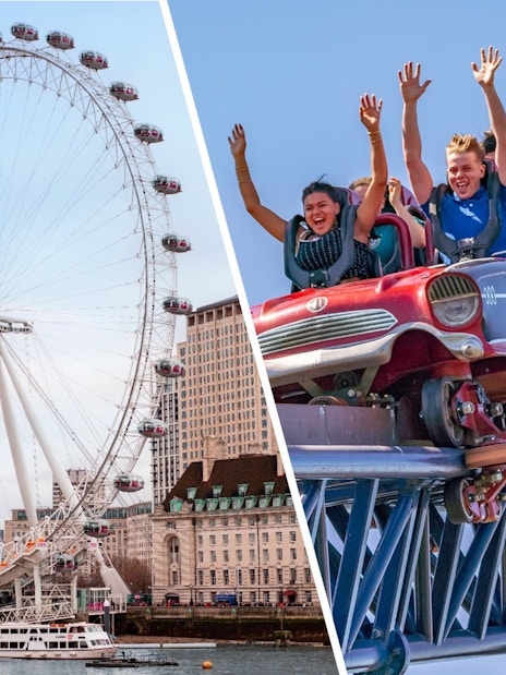 London Eye on the Thames and riders on THE SWARM roller coaster at Thorpe Park Resort.
