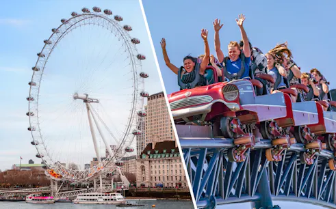London Eye on the Thames and riders on THE SWARM roller coaster at Thorpe Park Resort.