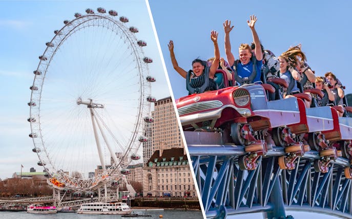 London Eye on the Thames and riders on THE SWARM roller coaster at Thorpe Park Resort.
