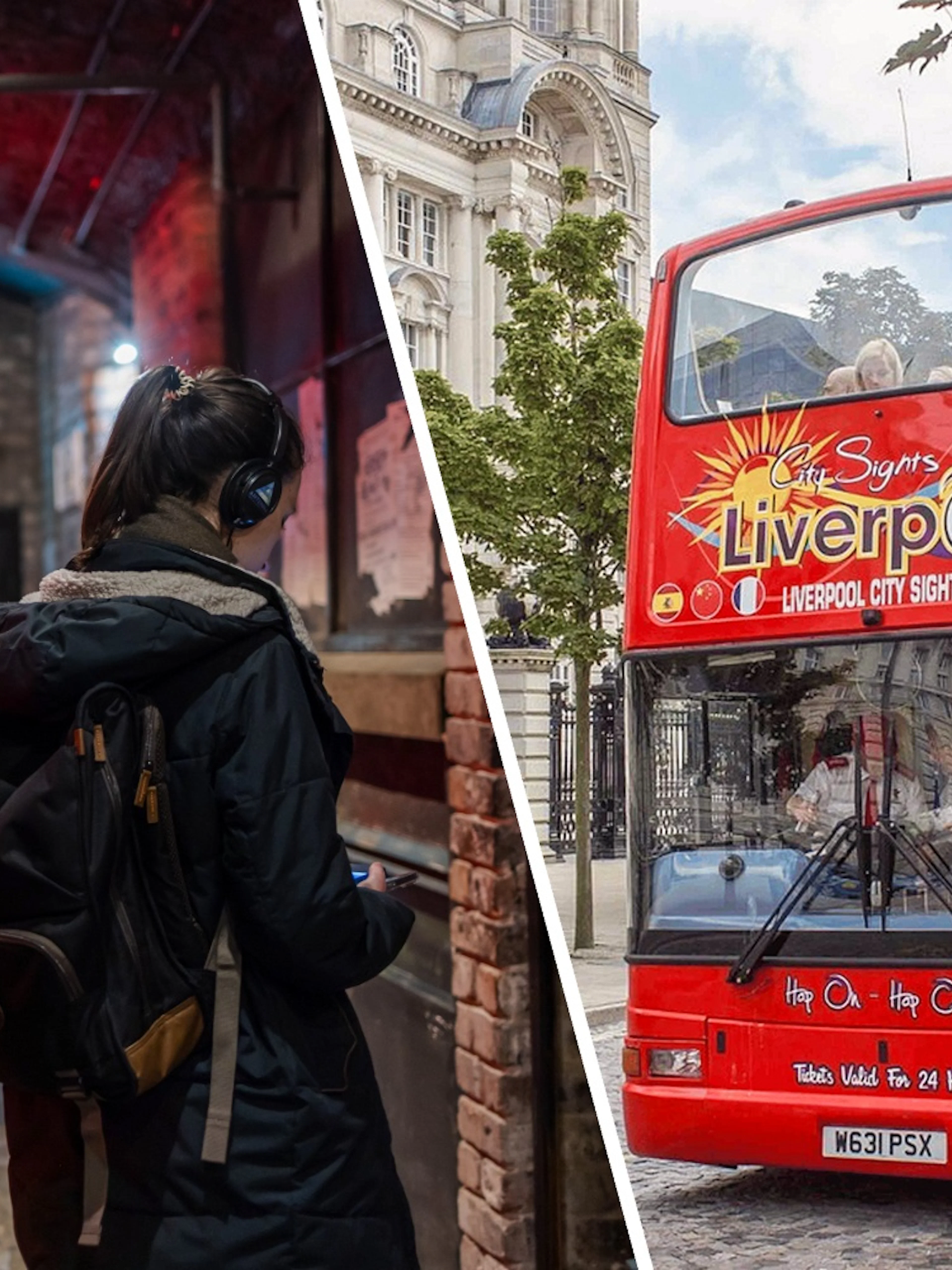 Visitors exploring The Beatles Story exhibit and a Liverpool city tour bus.