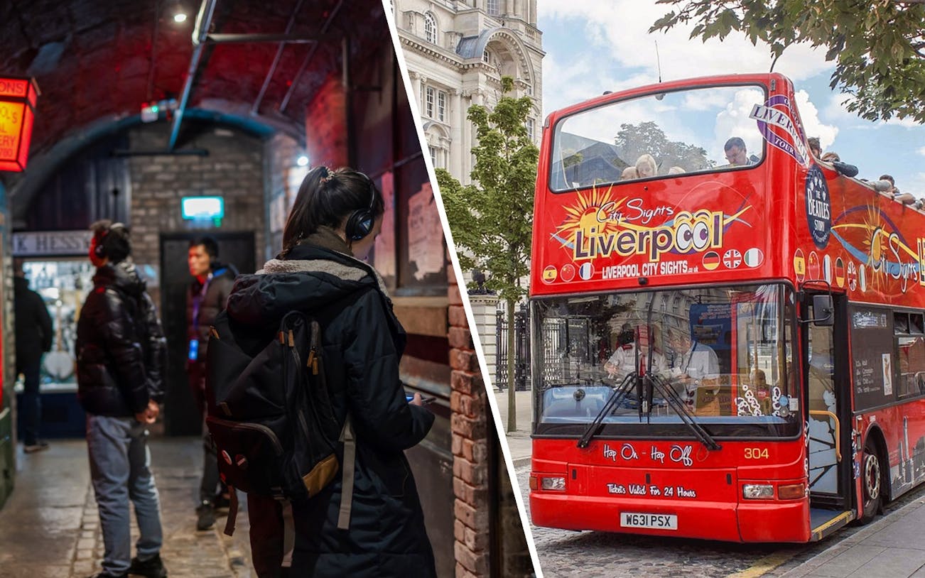 Visitors exploring The Beatles Story exhibit and a Liverpool city tour bus.