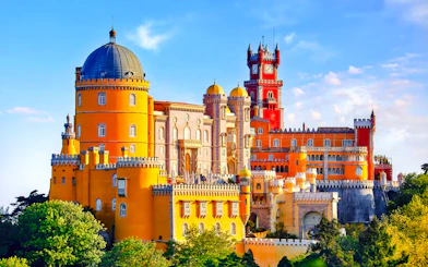 Pena Palace in Sintra, Portugal, with vibrant colors and unique architecture.