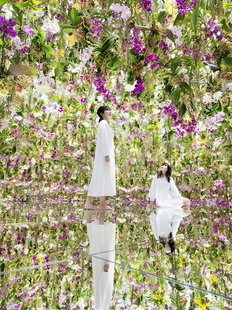 Visitors at teamLab Planets Tokyo surrounded by vibrant hanging flowers.