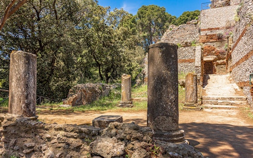 Ancient ruins and columns at Villa Jovis, Capri, Italy.