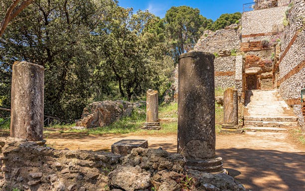 Ancient ruins and columns at Villa Jovis, Capri, Italy.