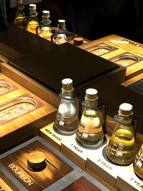 Jameson Whiskey Distillery display with malting grains and aging samples.