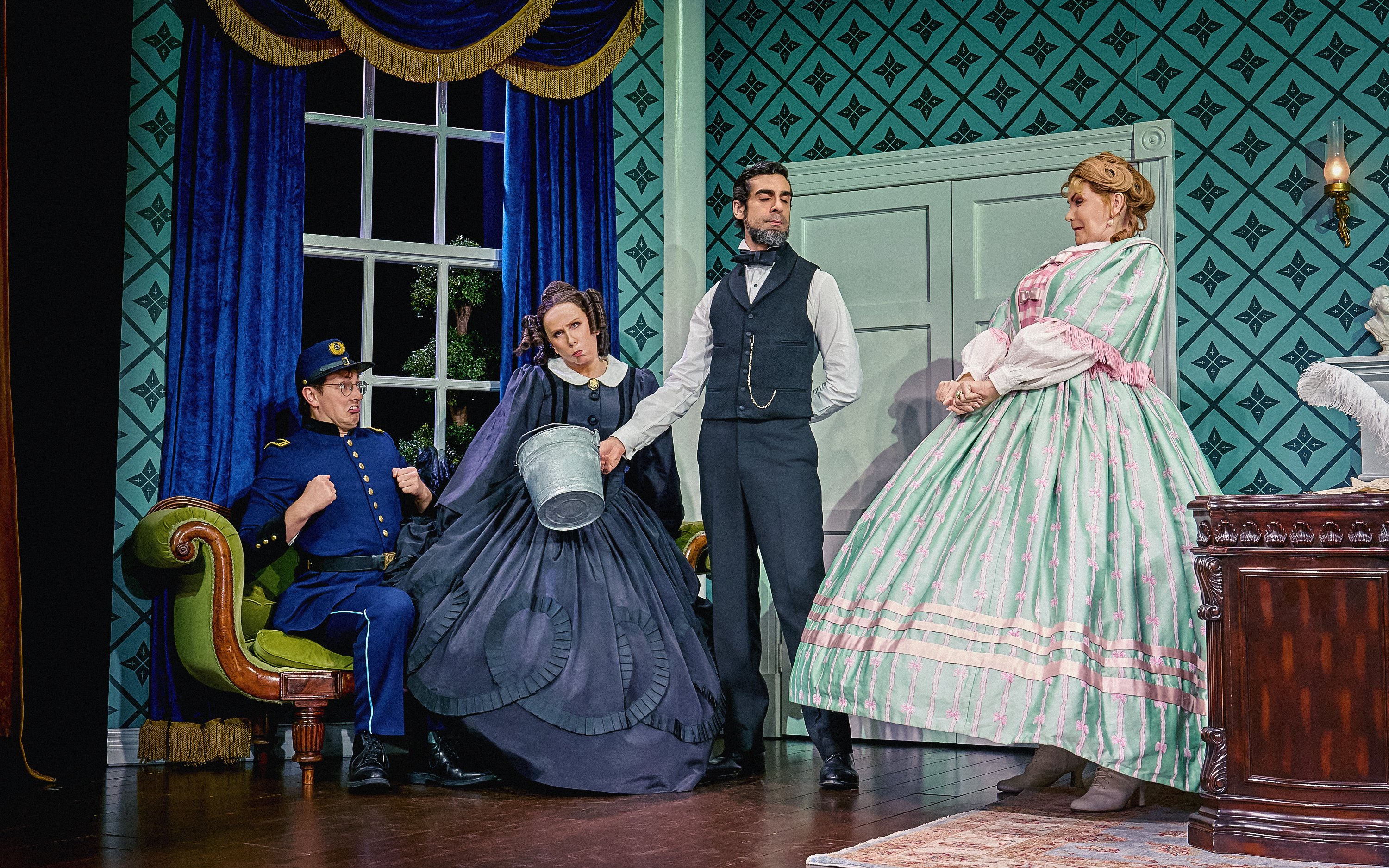 Stage scene from "Oh, Mary" Westend show with actors in period costumes.