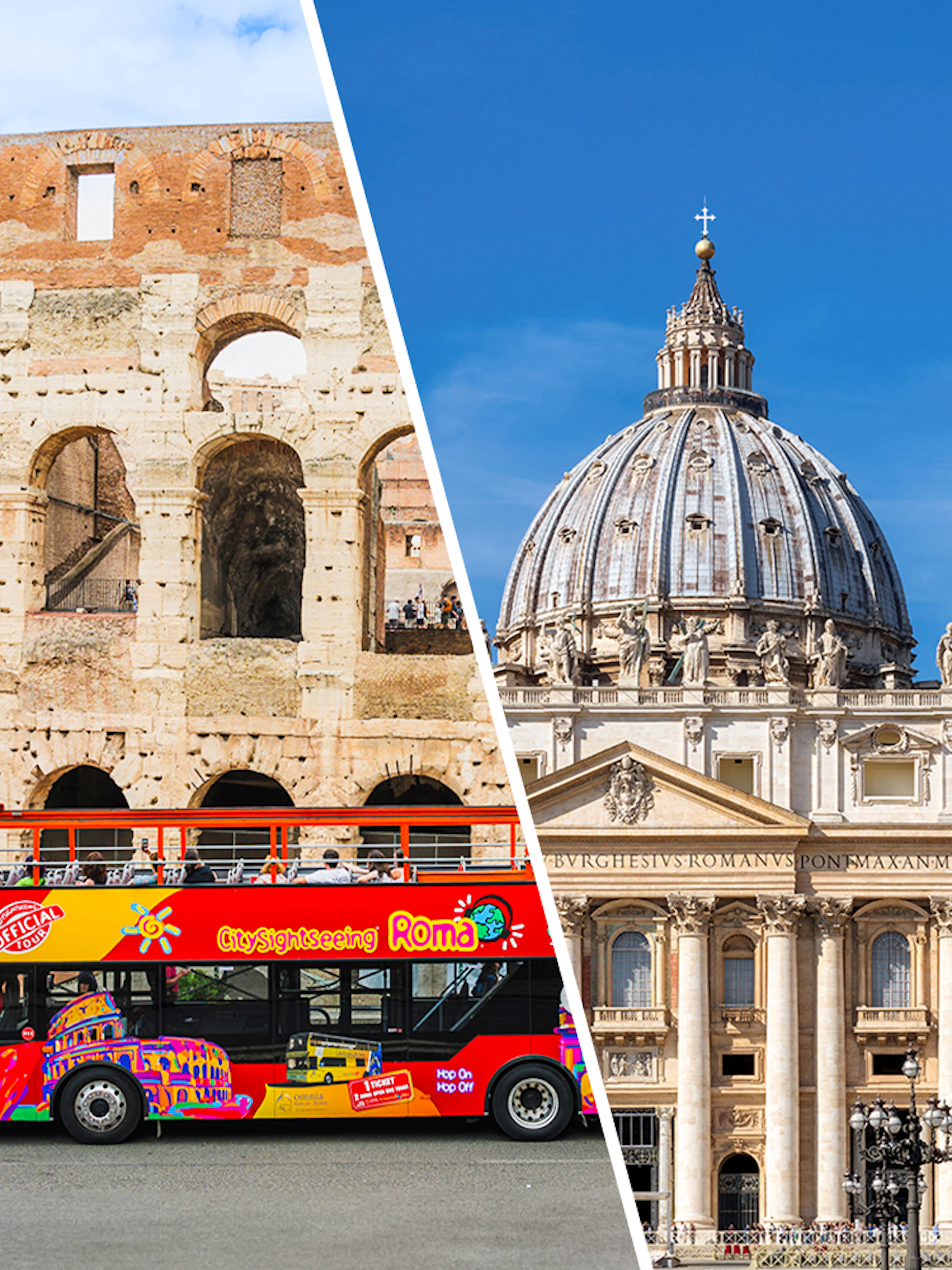 Colosseum and St. Peter's Basilica with sightseeing bus in Rome, Italy.