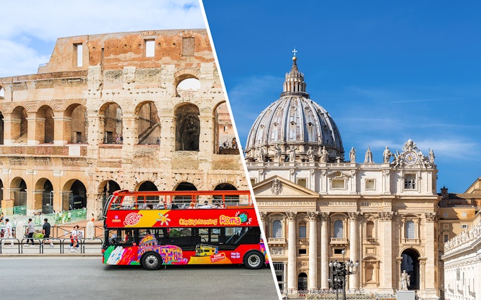 Colosseum and St. Peter's Basilica with sightseeing bus in Rome, Italy.