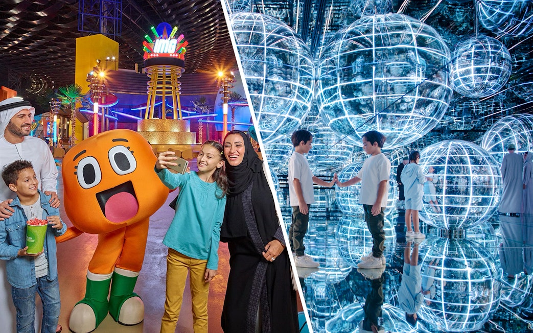 Families enjoying IMG Worlds of Adventure and AYA Universe with interactive exhibits.