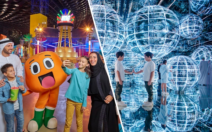 Families enjoying IMG Worlds of Adventure and AYA Universe with interactive exhibits.