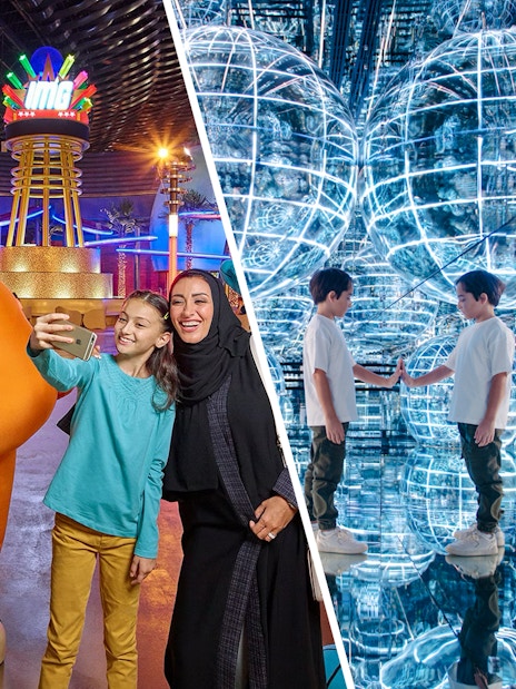 Families enjoying IMG Worlds of Adventure and AYA Universe with interactive exhibits.