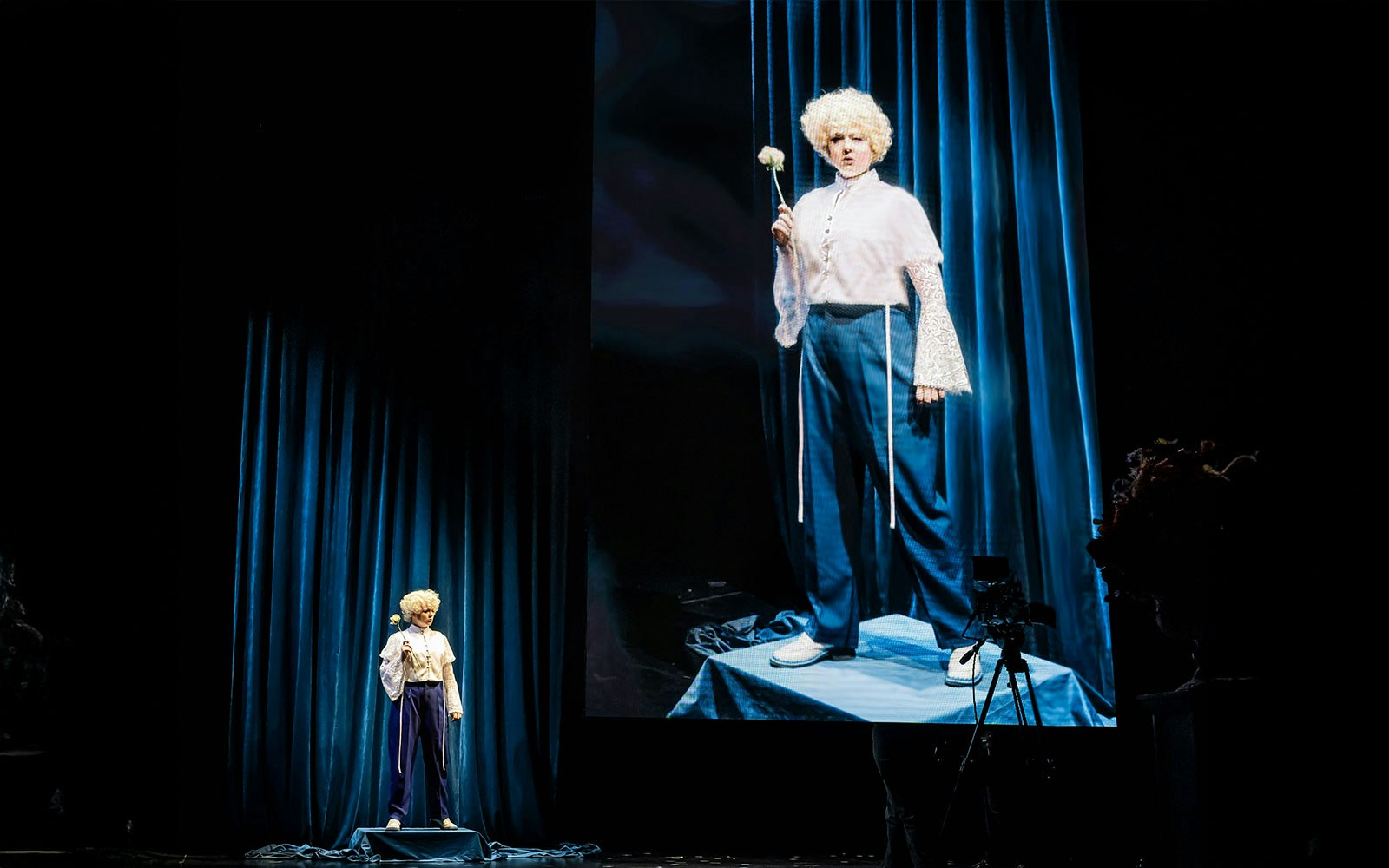 Performer on stage with a large screen backdrop, holding a white rose, related to "The Picture of Dorian Gray.