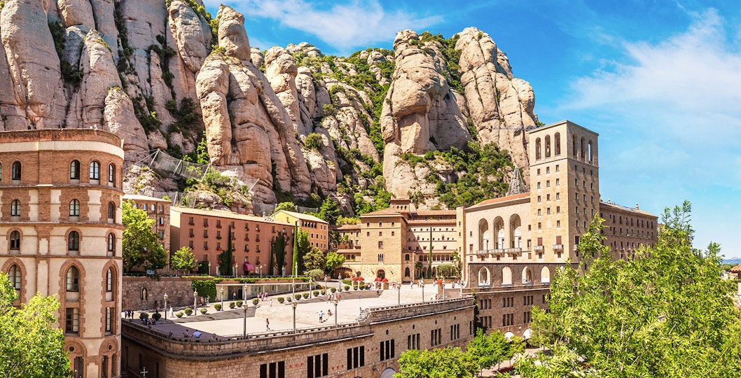 Montserrat Monastery nestled in the rugged mountains of Catalonia, Spain.