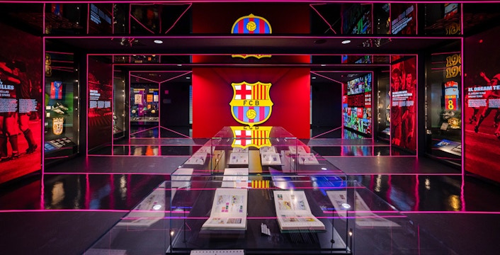 FC Barcelona museum exhibit with team memorabilia at Spotify Camp Nou.