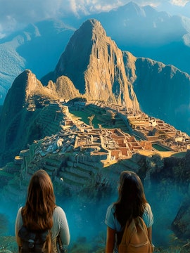 Two travelers viewing Machu Picchu ruins with Huayna Picchu in the background.