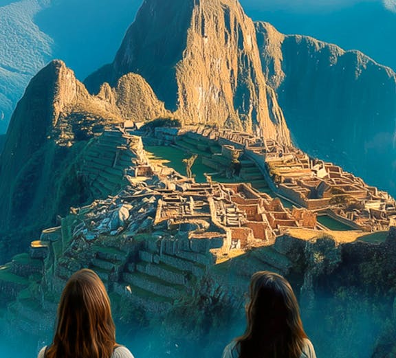 Two travelers viewing Machu Picchu ruins with Huayna Picchu in the background.
