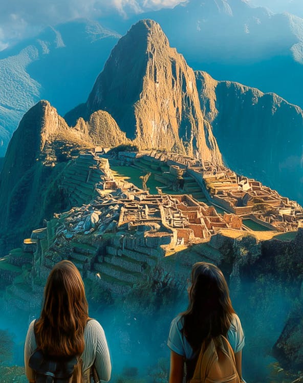 Two travelers viewing Machu Picchu ruins with Huayna Picchu in the background.