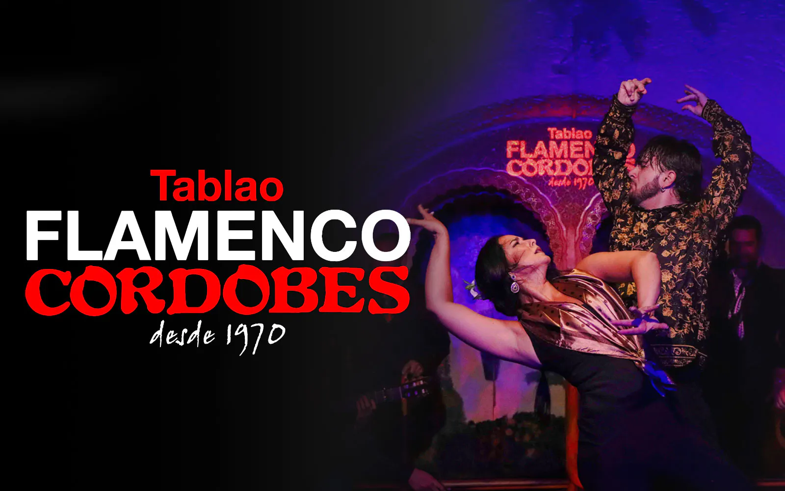 Flamenco dancers performing at Tablao Cordobes in vibrant traditional attire.