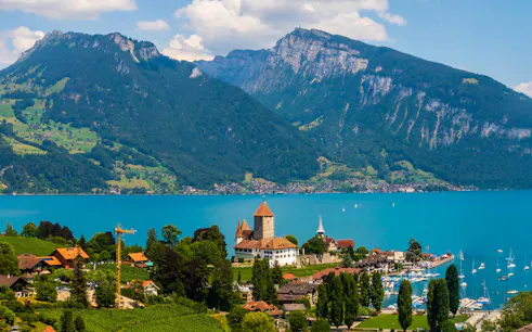 Aerial view of Chillon Castle by Geneva Lake with mountains in Montreux, Switzerland.