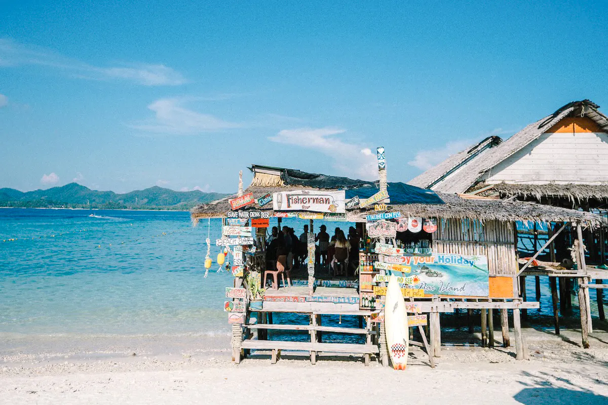 Beachfront bar on Khai Island with ocean view, part of Phuket Phi Phi, Maya Bay tour.