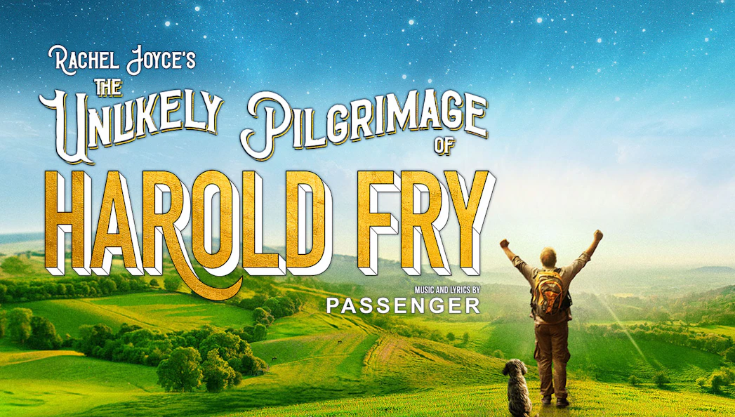 Harold Fry with backpack and dog overlooking green hills under a starry sky, promoting Westend show.