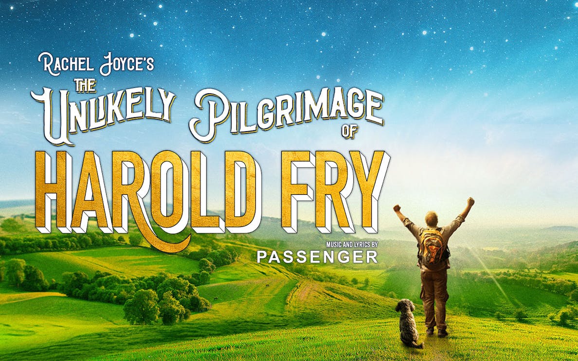Harold Fry with backpack and dog overlooking green hills under a starry sky, promoting Westend show.